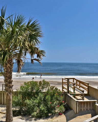 Beachfront house with palm tree, wooden deck stairs, and ocean view with swimmers