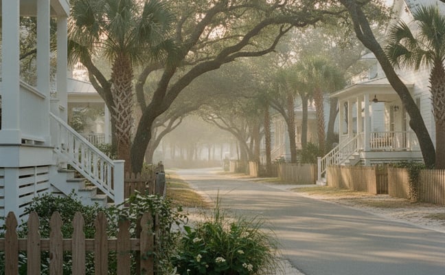 Tree-lined residential street with white houses, picket fences, and palm trees creating a canopy overhead