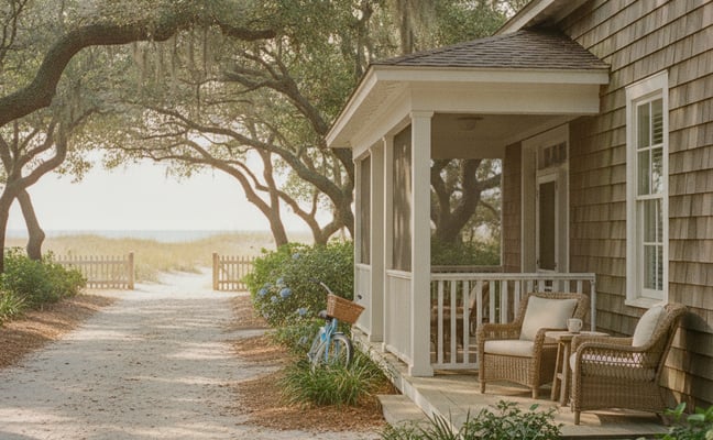Coastal cottage with covered porch, wicker seating, and sandy path leading to beach gate under oak trees.