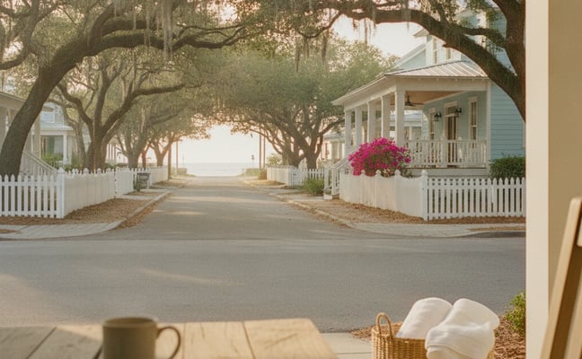 Tree-lined street with historic homes, white picket fences, and pink flowering shrub viewed from porch with coffee mug and notebook