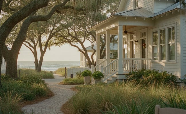 Coastal cottage with wraparound porch, brick pathway, mature oak trees with Spanish moss, ocean view in distance