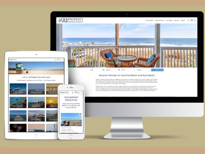 Vacation rental website displayed on desktop monitor, tablet, and smartphone showing beach house with ocean view and property listings